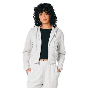 Cropped Gray Hollister Womens Hoodie With Drawstrings & Pockets‎